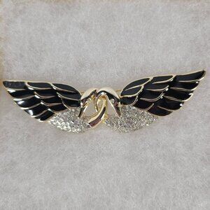 Two Swans Wing Classic Elegant Crystal Gold-Tone Enamel & Rhinestones Brooch Pin